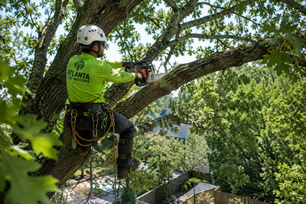Professional arborist trimming a large tree in Atlanta