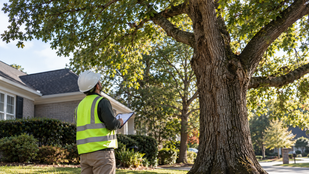 Arborist inspecting a mature tree at an Atlanta home