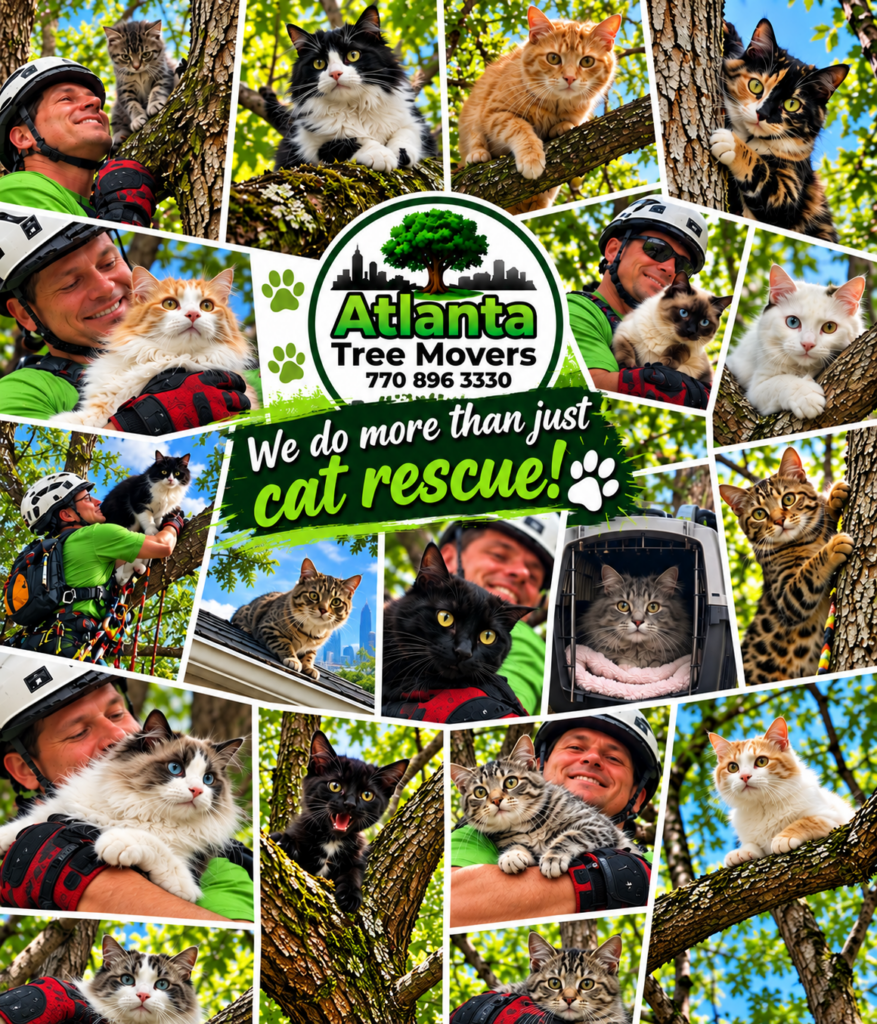 Atlanta Tree Movers cat rescue collage showing an arborist with cats and cat rescue scenes in trees.