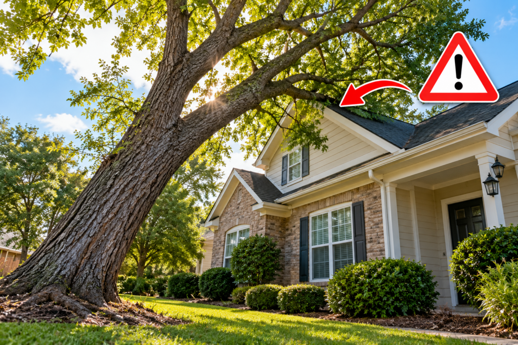 Leaning tree threatening a suburban home in Atlanta