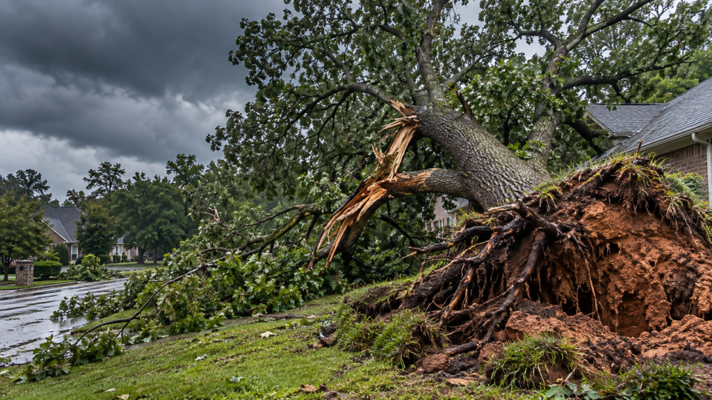 Uprooted tree with exposed roots and a broken trunk after a severe storm