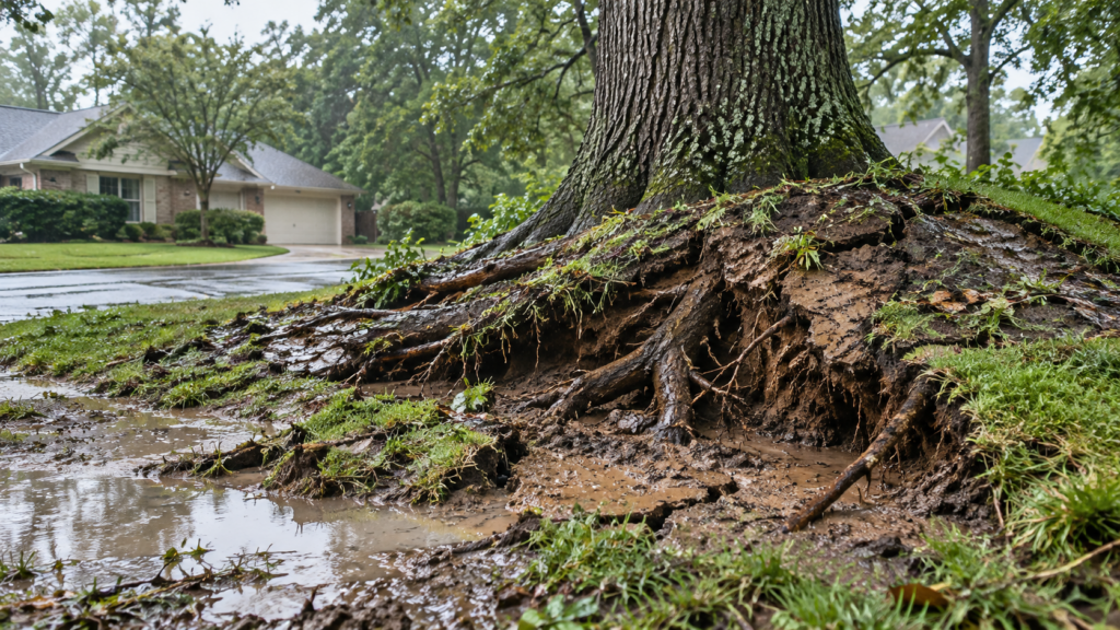Exposed tree roots in saturated muddy soil after heavy rainfall in a residential yard